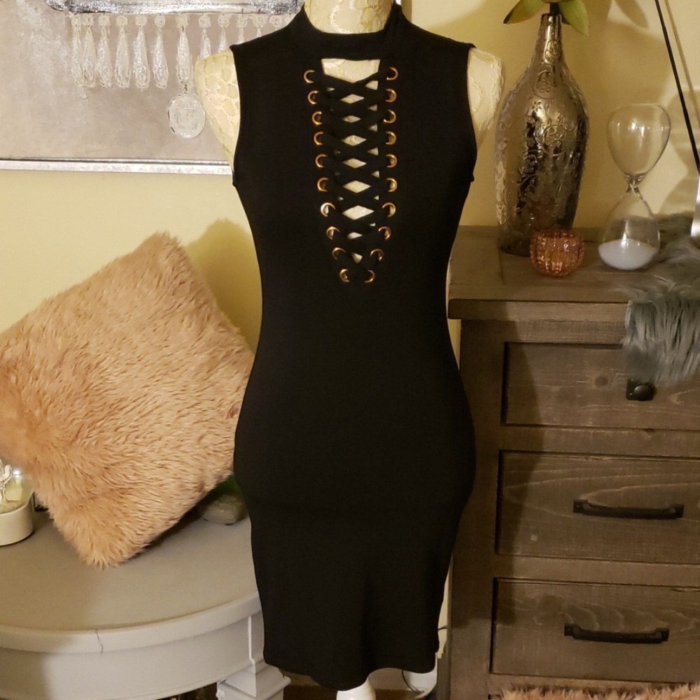 Black Lace Up Mini Dress